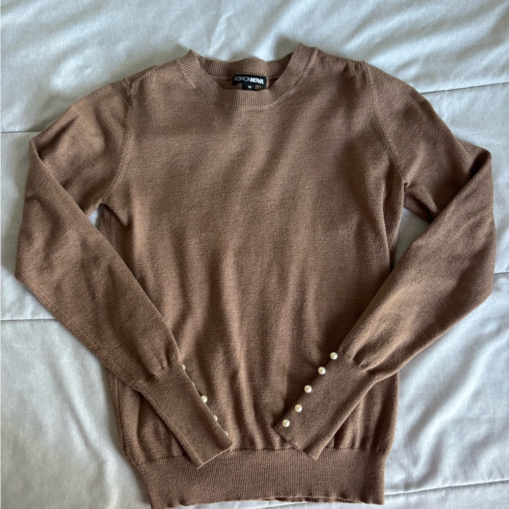 Fashion Nova Tan Sweater with Pearl Details